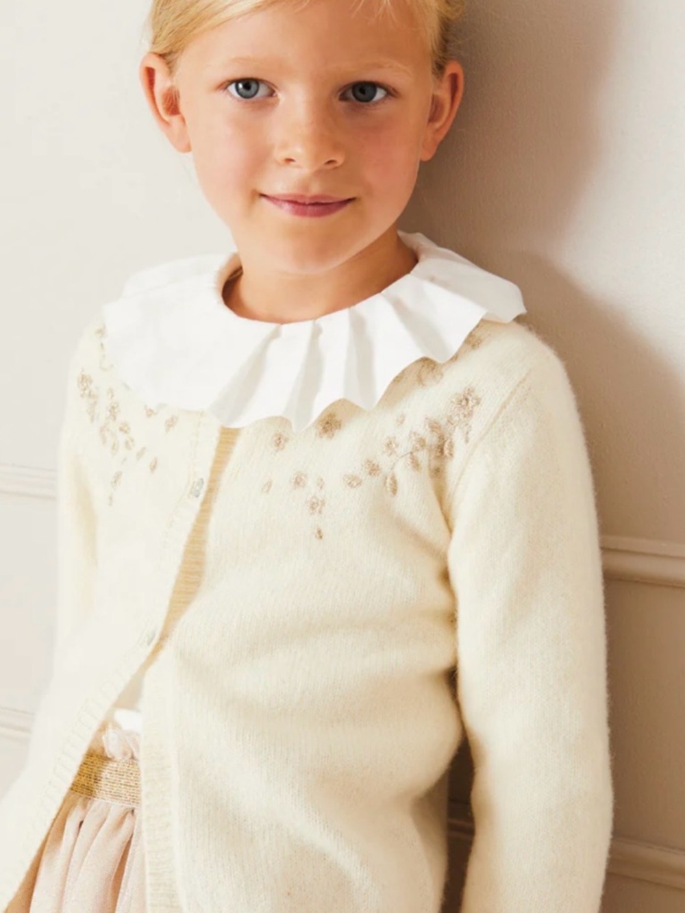 Gold Embroidered Cardigan In Cream